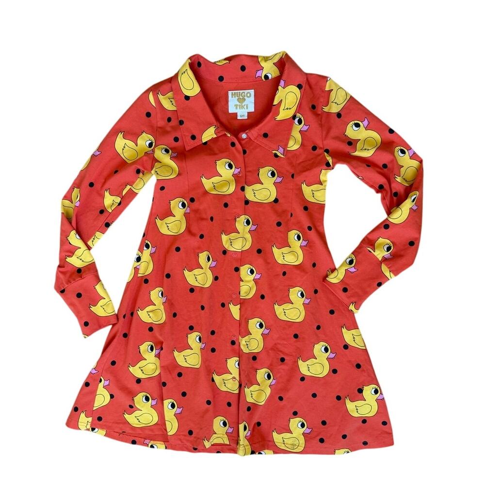 Hugo Loves Tiki Girls Rubber Ducky Orange Dress Size 12Y Polka Dot Bright